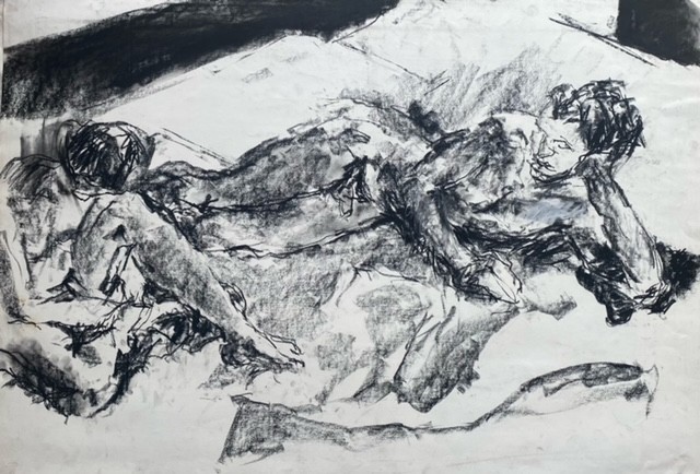 Couple on floor, compressed charcoal on paper